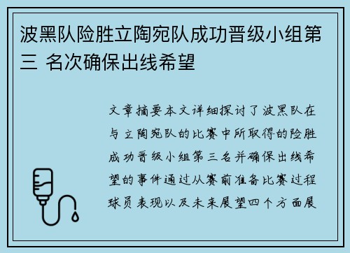 波黑队险胜立陶宛队成功晋级小组第三 名次确保出线希望